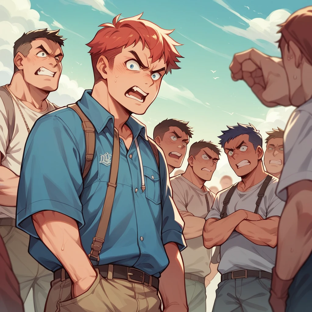 Little blue hen cartoon surrounded by angry people