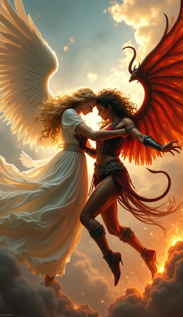 Beautiful female angel and beautiful female demon wrestling