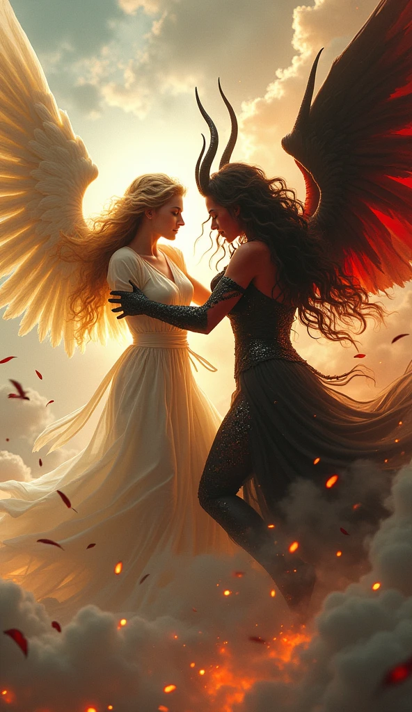 Beautiful female angel and beautiful female demon wrestling
