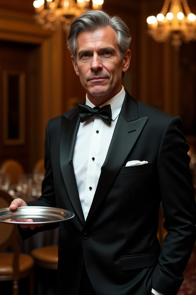 40-year-old very handsome butler with gray hair 