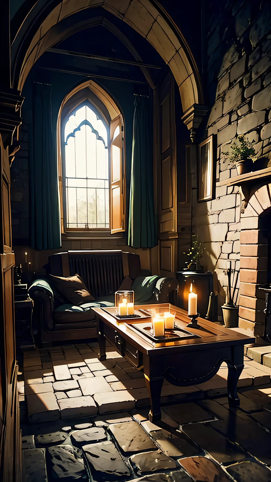Medival interior, comfy cozy old medival interior house, cobblestone house, fire place, (dim light) small room , cheap furniture, commoner house (night) (dark) , unorganised.