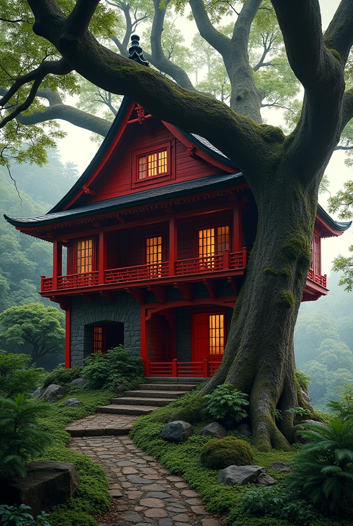 A red japanese house carved in an ancient twisted tree,masterpiece,intricate detailed texture,beautiful detailed foliage,cinematic lighting,moody atmosphere,dramatic shadows,vibrant colors,captivating composition,photorealistic,ultra-detailed,4k