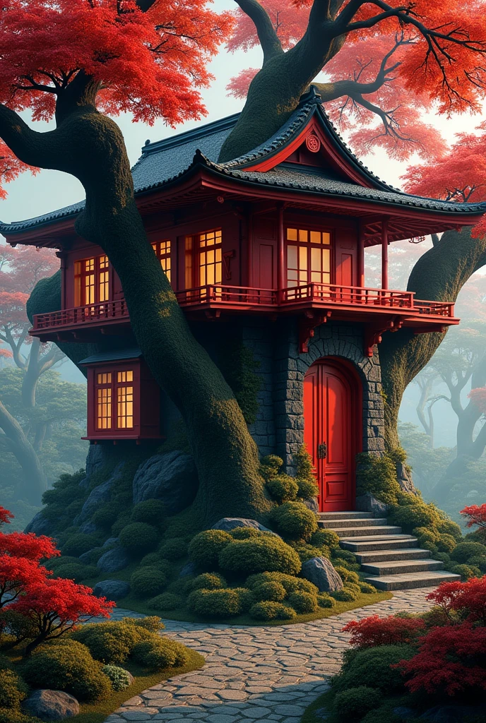 A red japanese house carved in an ancient twisted tree,masterpiece,intricate detailed texture,beautiful detailed foliage,cinematic lighting,moody atmosphere,dramatic shadows,vibrant colors,captivating composition,photorealistic,ultra-detailed,4k