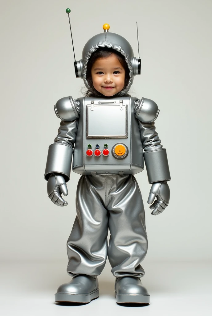 Young girl dressed in a classic robot costume, i.e. wide baggy robot pants and exaggeratedly large wide arms and silver Full body with big and silver robot shoes Standing showing all the robot suit And with robot gloves And the chest completely covered and Square like a robot With buttons on the chest, ALL THE BODY IS COVERED LIKE A CLASSIC ROBOT