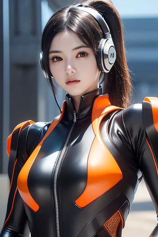 Top Quality, Masterpiece, Ultra High Resolution, (Photorealistic: 1.4), Raw Photo, 1 Girl, Black Hair, Glossy Skin, 1 Mechanical Girl, (((Ultra Realistic Details)), Portrait, Global Illumination, Shadows, Octane Rendering, 8K, Ultra Sharp, Intricate Ornaments Details, realistic skin, sweat effect, ((wearing Headphone)), very intricate detail, realistic light, CGSoation trend, brown eyes, glowing eyes, matte black and glossy orange mechanical bodysuit, Long hair, black hair, Ponytail hair, full body shot, spaceship bridge background, dynamic pose,