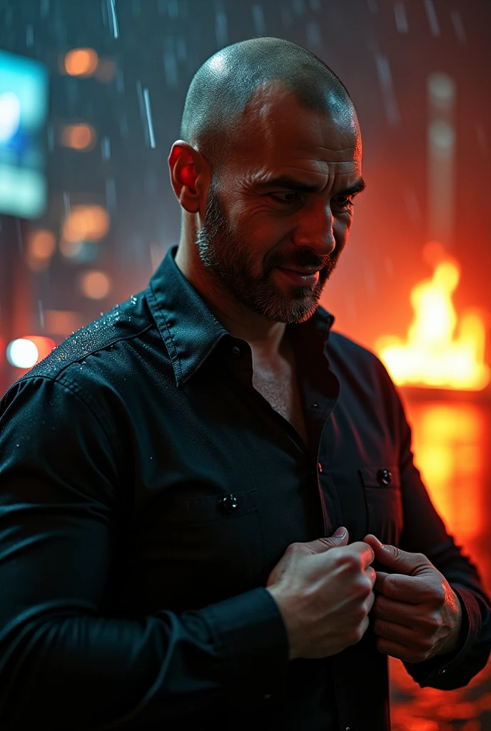 a man with an evil smile buttoning his shirt, raining in the city, fire burning in the background, Shaved head, red edge lighting, 8k, HD, [Sincere, aficionado], cinematic lighting, Upper part of the body, Very detailed face, close up, serious face, villain