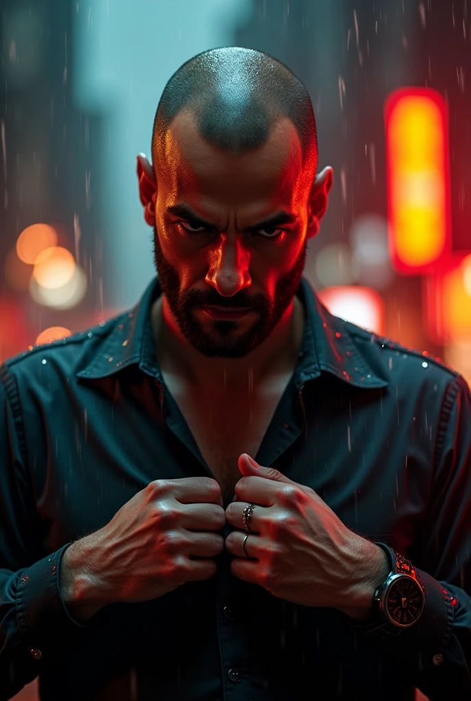 a man with an evil smile buttoning his shirt, raining in the city, fire burning in the background, Shaved head, red edge lighting, 8k, HD, [Sincere, aficionado], cinematic lighting, Upper part of the body, Very detailed face, close up, serious face, villain