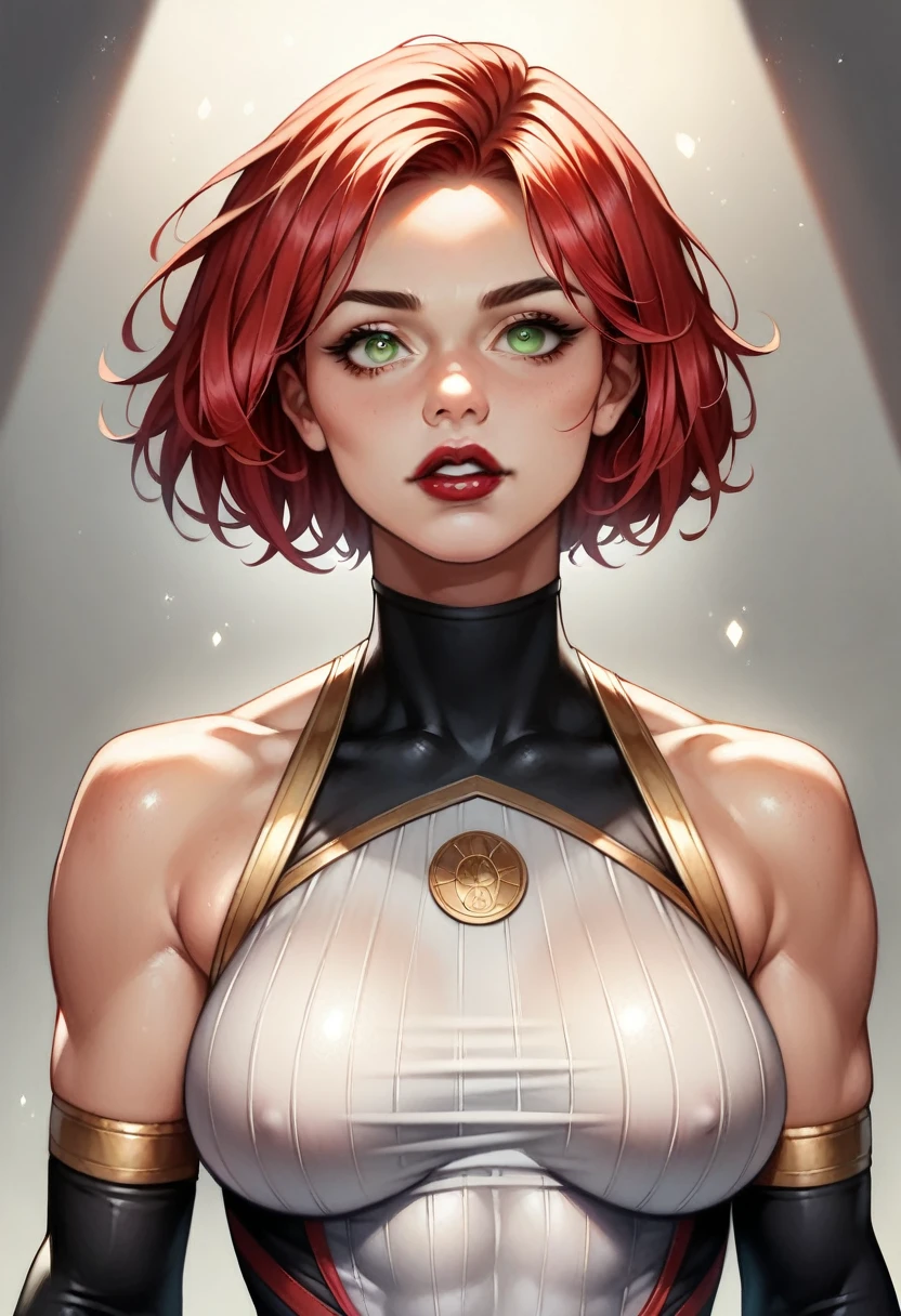 (high-level image quality), (high quality), (high resolution), (detailed), (masterpiece), beautiful woman, ((caucasian)), green eyes, red hair, short hair, dark red lipstick, thicc tights, slender body, perfect eyes, Detailed face, wrestling gear,