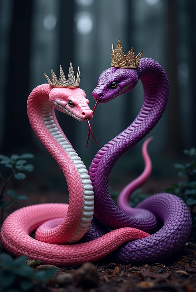 three snakes like LOLA BOA from Brandy & Mr. Whisker, together like Regina, Karen and Gretchen from MEAN GIRLS.
One cottonmouth baby pink with a princess tiara.
the other mamba fire red white and black with white gold neorave sunglasses.
the other rattlesnake deep bright purple with a queen crown.
All Together in a black forest.