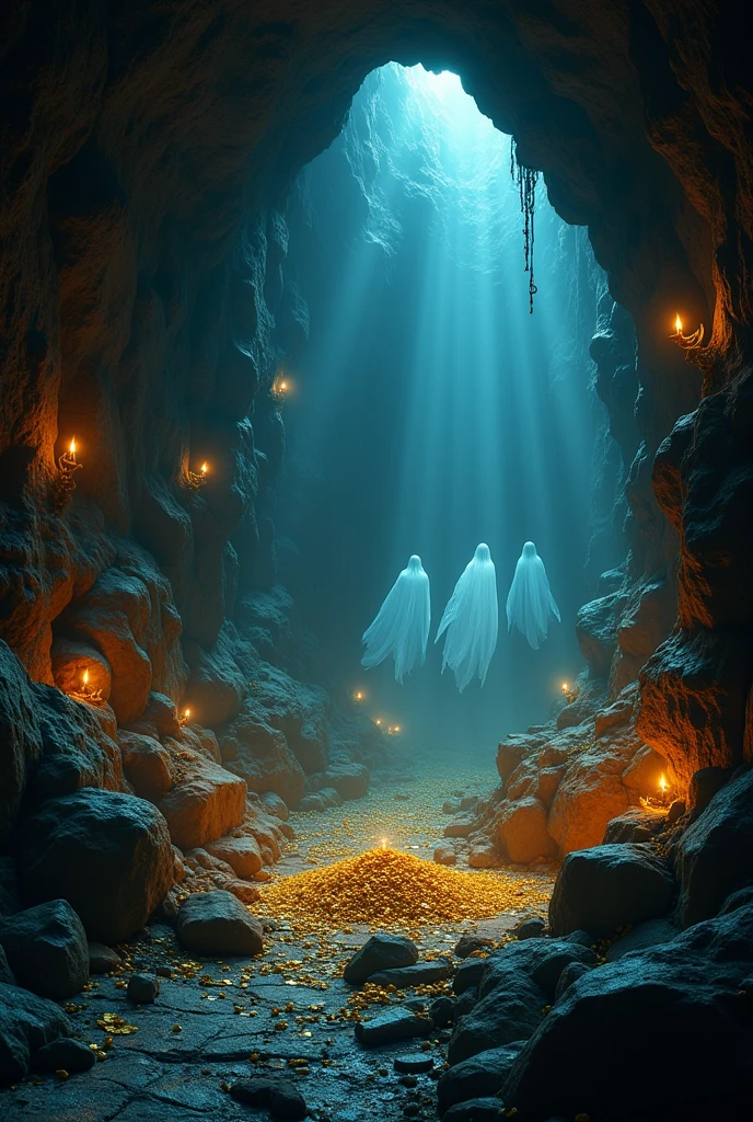 Treasure in the darkness in a cave of terror with ghosts or specters