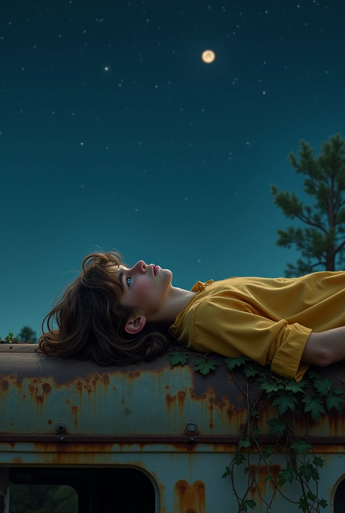  A teenage boy with long brown hair reaching his shoulders, wearing a light yellow shirt, looks sad as he lies down on top of an old, abandoned train at night. Ultra-detailed, high-quality.