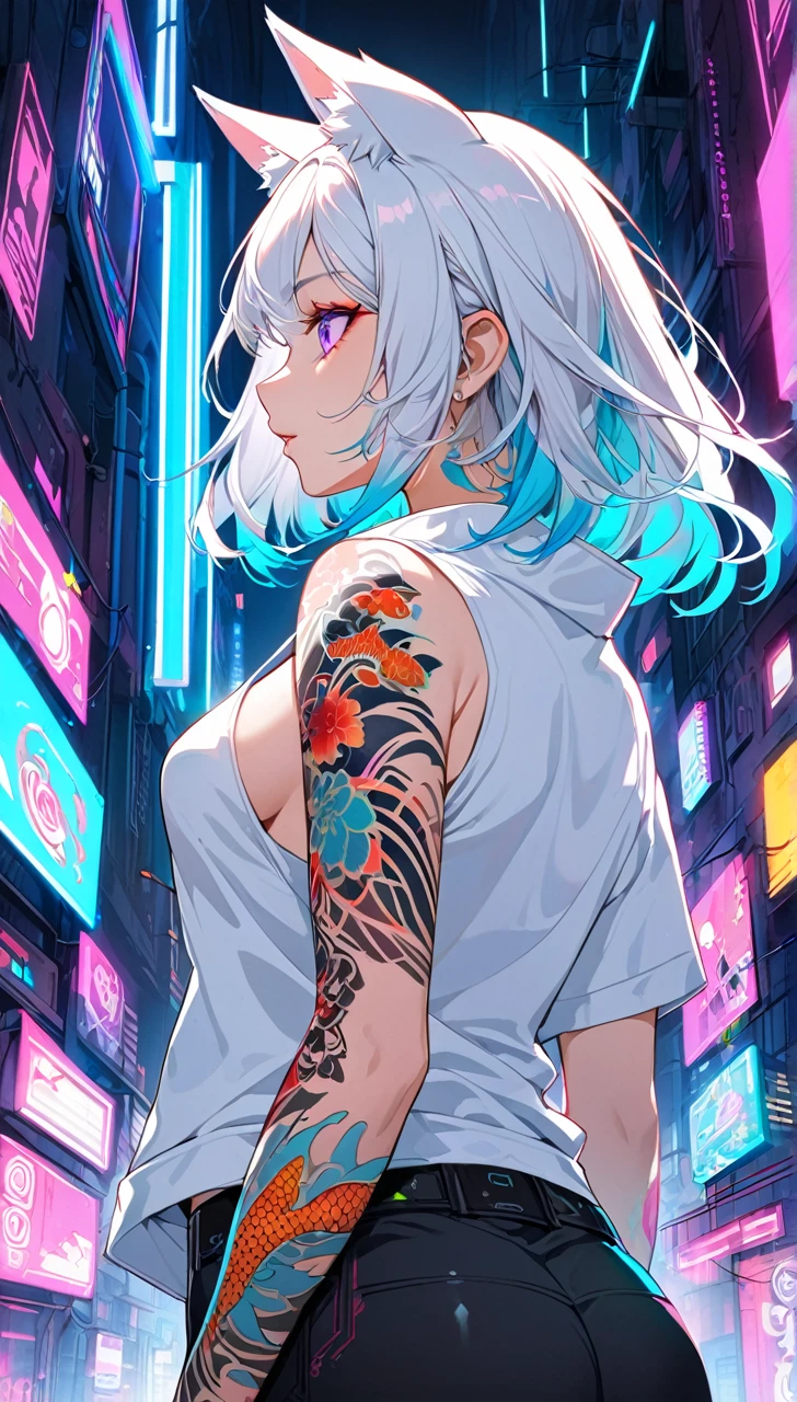 1woman, long white hair with pink and cyan tips,Muticolored hair, fox ears, purple eyes, wearing a white coat, wearing black pants, wearing white undershirt, tattoos on arms, colorful Japanese koi tattoos, showing body, medium breasts, cyberpunk, profile picture perspective, neon, loose hair, waist up perspective