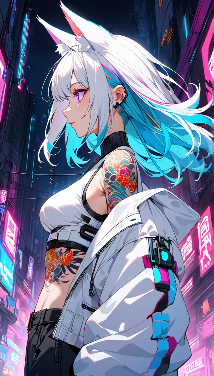1woman, long white hair with pink and cyan tips,Muticolored hair, fox ears, purple eyes, wearing a white coat, wearing black pants, wearing white undershirt, tattoos on arms, colorful Japanese koi tattoos, showing body, medium breasts, cyberpunk, profile picture perspective, neon, loose hair, waist up perspective