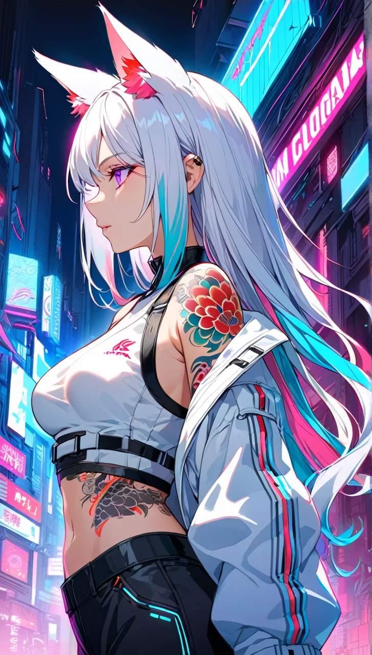 1woman, long white hair with pink and cyan tips,Muticolored hair, fox ears, purple eyes, wearing a white coat, wearing black pants, wearing white undershirt, tattoos on arms, colorful Japanese koi tattoos, showing body, medium breasts, cyberpunk, profile picture perspective, neon, loose hair, waist up perspective