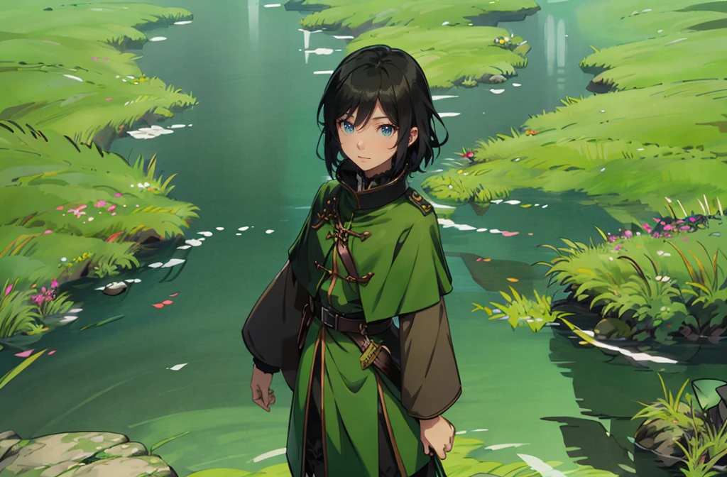 yuichiro hyakuya girl, (WithoutFear:1), 1 girl, black hair, green eyes, brown coat, gray armor, elves, sylvan, green shield, green cloak, dark brown gloves, forest, white fur trim, anime, standing, good quality, portrait, looking at viewer