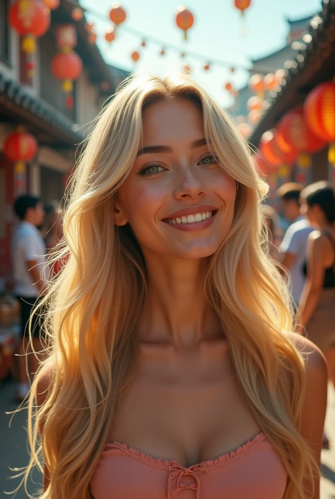 A realistic Brazilian woman in Korea with white skin, green eyes, a thin nose, long straight hair with soft waves, blonde with light highlights, a gentle smile, delicate and happy.
