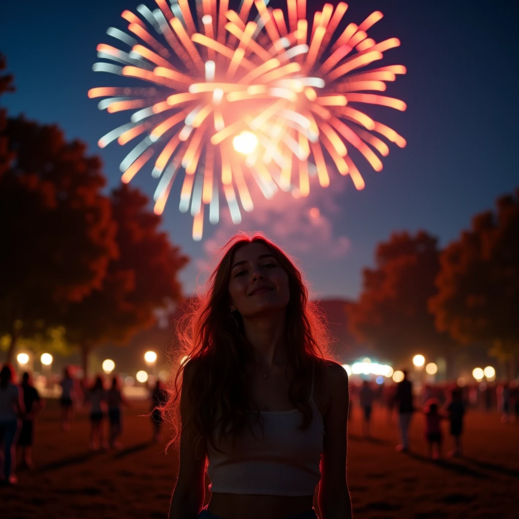 Many fireworks in eyes of young lady at night