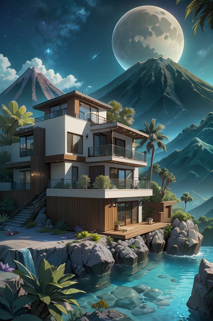 small and beautiful modern house in top of big boulders, terraces, pool, stairs, multiple cacti gardens, palms, trees, rocks, beautiful landscape design, mountains and volcano y background, amazing clouds, sun, moon, planets, milky way galaxy, concrete, wood, glass and steel materials, olive green, violet, orange and withe colors in facade