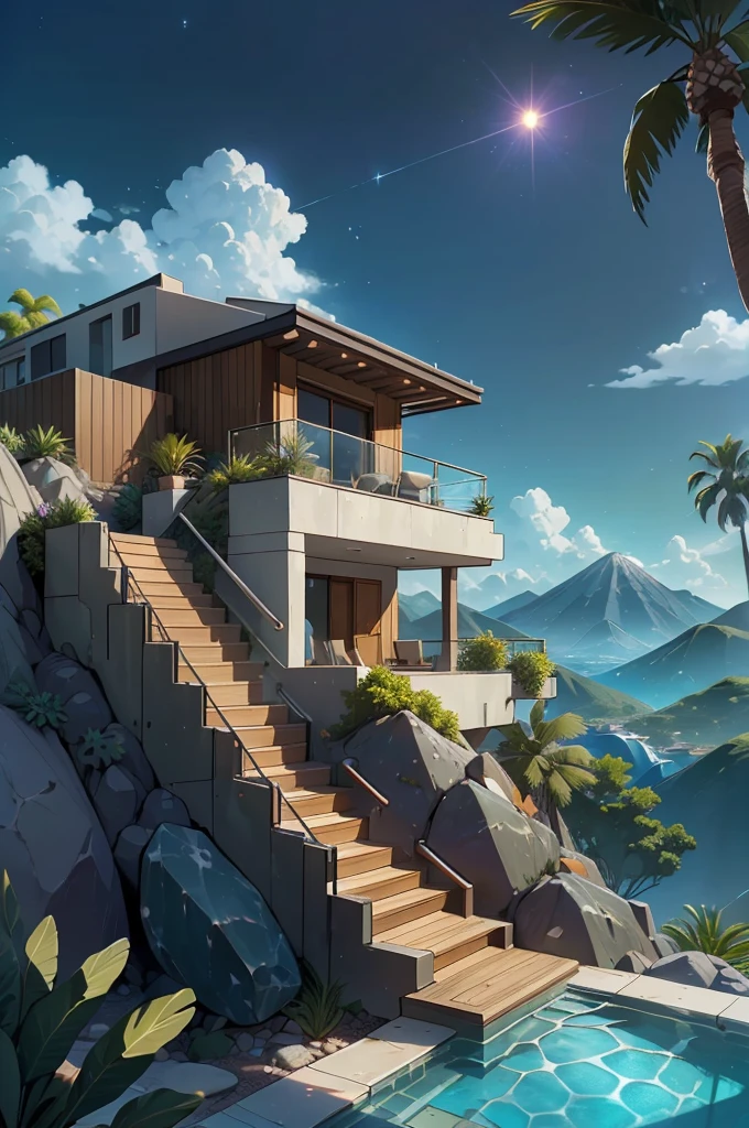 small and beautiful modern house in top of big boulders, terraces, pool, stairs, multiple cacti gardens, palms, trees, rocks, beautiful landscape design, mountains and volcano y background, amazing clouds, sun, moon, planets, milky way galaxy, concrete, wood, glass and steel materials, olive green, violet, orange and withe colors in facade