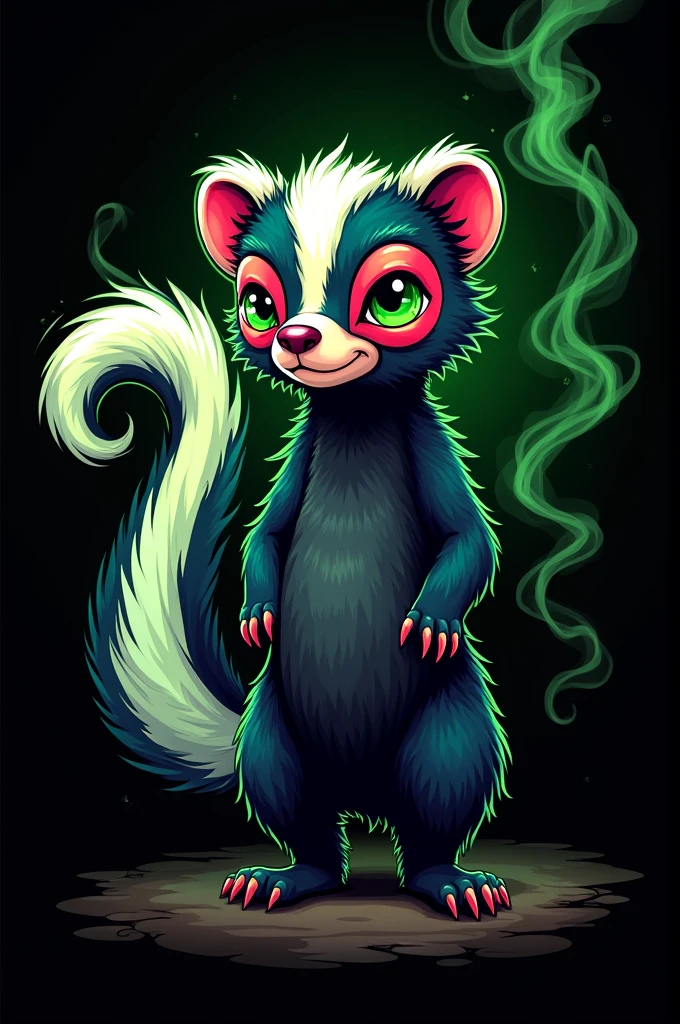 T-shirt with a drawing of a skunk wearing a mask and it's emitting neon green smoke 