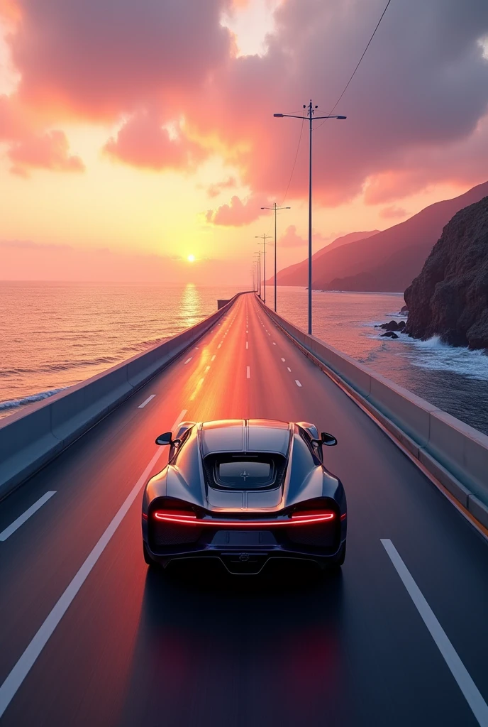 highway in ocean, infinity highway, bugatti chiron, sport car, back pov car, motion blur in asphalt, sunset, 4K