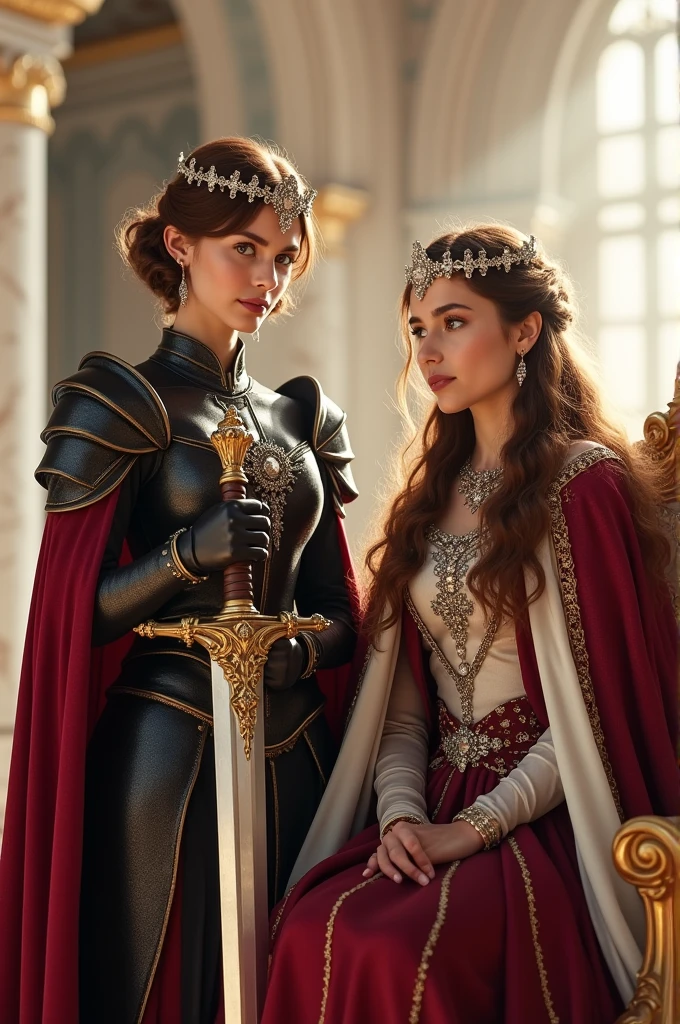 Two beautiful princesses from the South Kingdom. One is with short hazelnut colored hair and light brown eyes, wearing a maroon and black royal armor with gold linings together with her headdress made with diamonds, holding a huge sword, standing beside her twin sister with long chestnut colored hair and dark brown eyes, wearing a maroon and white gown with gold linings together with her crown made with diamonds, sitting on her throne inside the white kingdom.