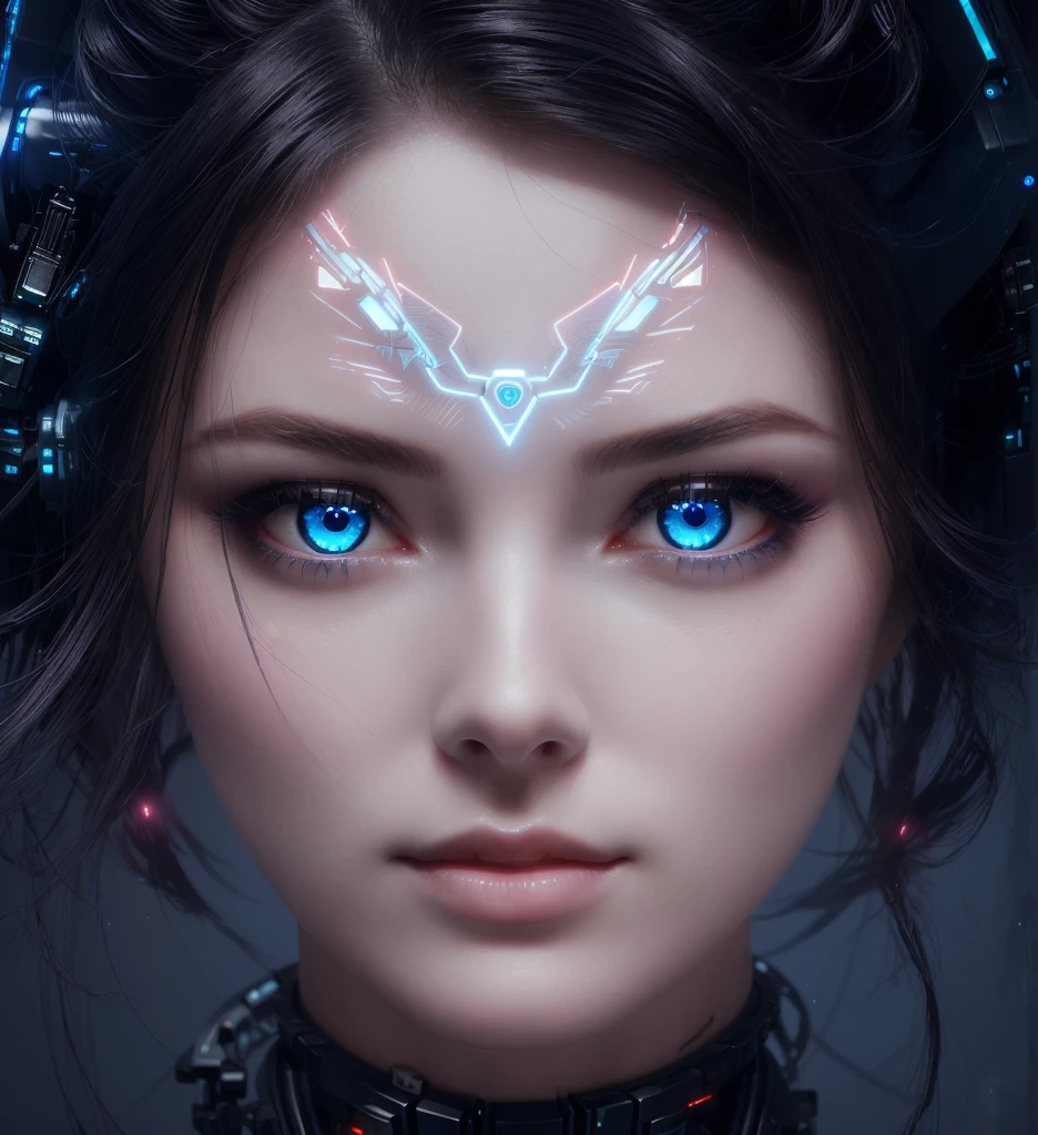 syberpunk replicant woman, cinematic , female robot , cybernetic robot pupils, glowing eyes, glowing light blue eyes, sci-fi style , mecha
