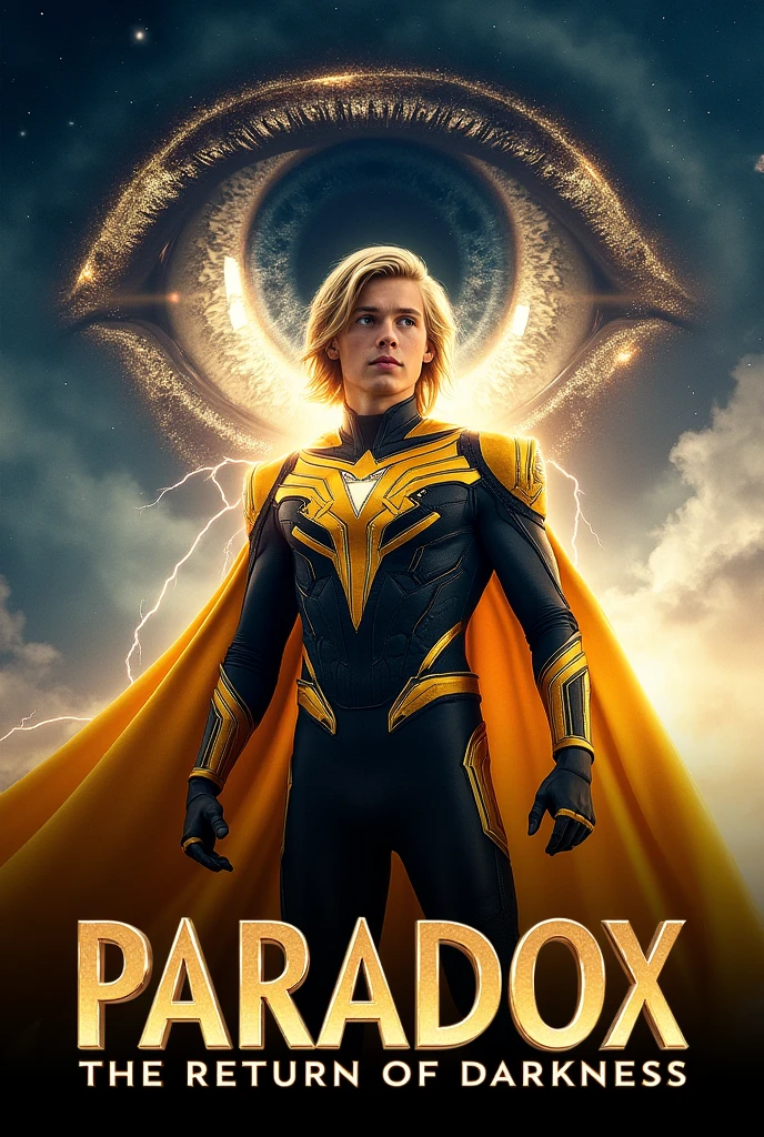 Make a movie poster, He has a young blond man with medium hair wearing a black and gold superhero suit., with a golden cape with electric powers , , make a movie poster that says paradox the return of darkness, and that the sky be galaxy style and that there be a big alien eye of black smoke