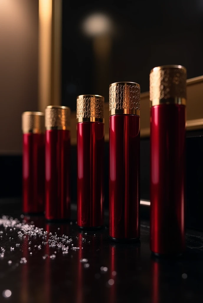 diagonal row of mascara tubes with maroon packaging and gold accents