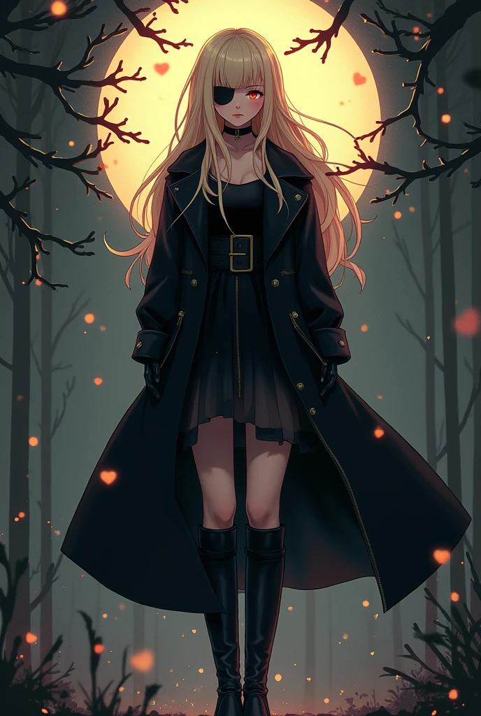 a cartoon image of a woman in a black coat and boots, vector art by Ei-Q, pixiv, shin hanga, full_body!!, !!full body portrait!!, full body!!, anime moe artstyle, gapmoe yandere grimdark, full body!, anime vtuber full body model beige hair eyepatch coat with front zipper closed