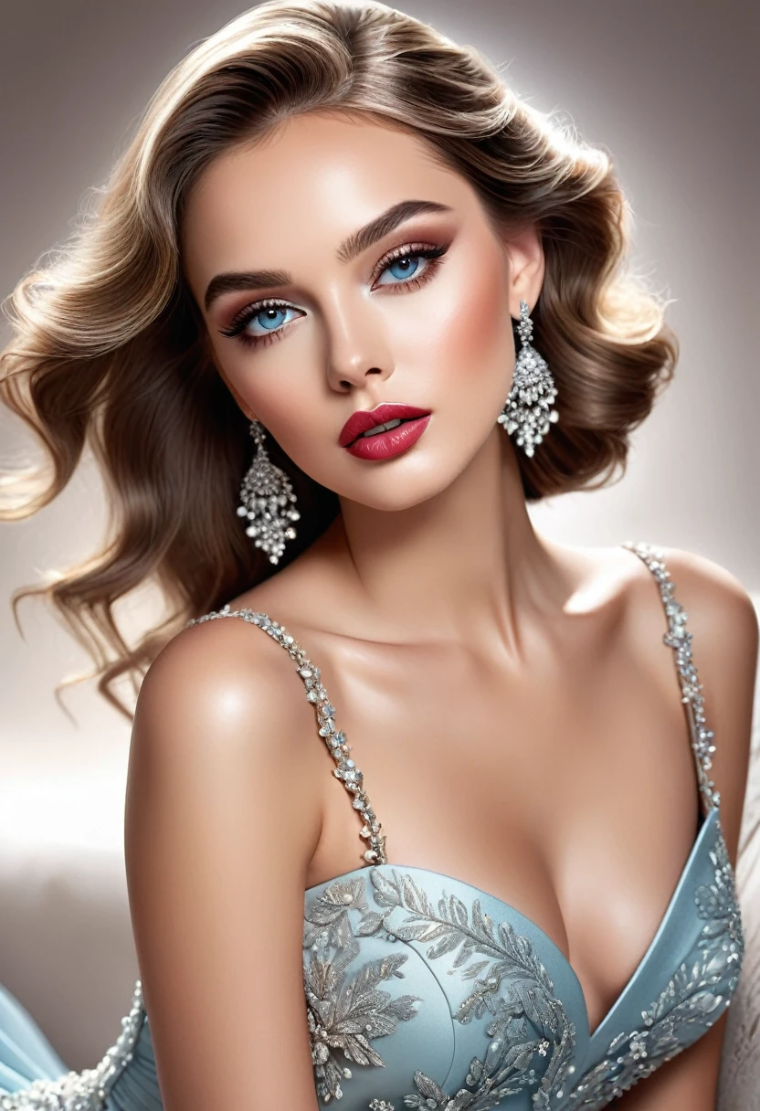 best qualityer,high resolution,fashion illustration,Elegant Model,beautiful and delicate eyes,detailed lips and face,Elegant Glamour,rail laying,shiny colors,Elegant dress,beautiful accessories,Professional studio lighting,Ultra-thin coating,lifelike textures,Art Walk