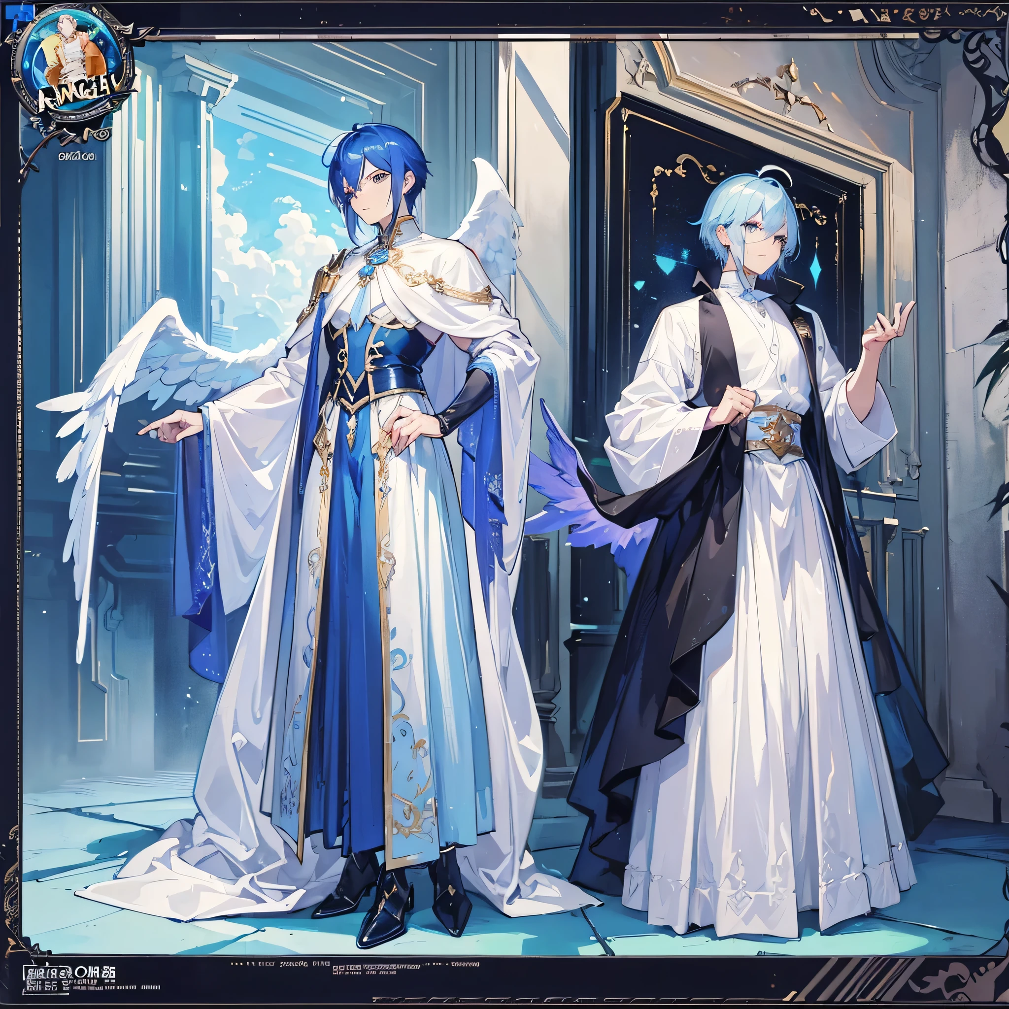 (Masterpiece, best quality), detailed, 1 man, ((character concept art)), ((character design sheet, same character, front, side, back)), full body, body complete, 1 Male angel, 1 Man angel, Detailed face, character design sheet，full bodyesbian, Highly detailed, character sheet, character design, Many parts, dark skin, angel wings, short blue hair, angel outfit, muscle male god, male clothes, masculine, muscle man, male muscle, manly, male angel, Muscle male with short blue hair，beautiful man, beautiful muscle man