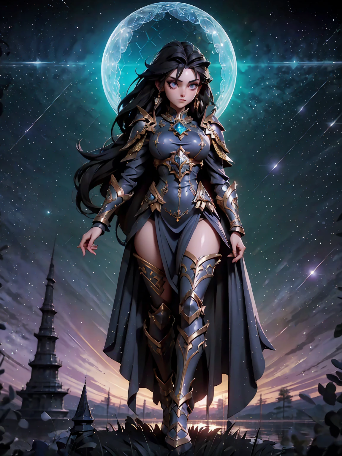 A majestic artwork of a graceful female paladin standing in a grand, medieval landscape. The (((full body view))) reveals her adorned in exquisitely designed armor that combines elegance and strength. Her gleaming silver armor is intricately engraved with swirling patterns and symbols of protection and valor. The breastplate features delicate filigree and gem inlays, while her gauntlets and greaves are finely etched, catching the light with every movement. She wears an ornate, deep purple cape that flows gracefully behind her. Her long black hair is tied in a sleek ponytail, cascading down her back, complementing her regal appearance. Her striking amethyst purple eyes, filled with resolve and determination, enhance her beauty and strength. She carries a beautifully crafted shield, embossed with intricate heraldic symbols and protective runes, its edges reinforced with gold trim. In her other hand, she wields a formidable mace, adorned with intricate engravings and inlaid gemstones that shimmer softly. The background features a sprawling castle with tall spires against a dawn sky. Rolling hills and lush meadows stretch out before her, with a serene river winding through the landscape. Birds take flight in the early morning light, enhancing the sense of peace and anticipation. The paladin stands poised and ready, embodying both grace and power, a guardian of the land and a beacon of hope for all who gaze upon her. Her presence is commanding and inspiring, a true paragon of beauty and strength.