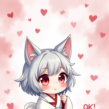 One Woman,Gray Hair,Cat ear,((Chibi Character)) Heterochromia iridis,Eye color,red,White kimono,Star Iris Background(Heart Background,Lots of hearts,pink,Watercolor style) smile,cute,Please enter text in the bottom right corner of the fantasy image,A very popular font,(((OK!)))