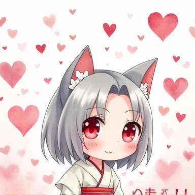 One Woman,Gray Hair,Cat ear,((Chibi Character)) Heterochromia iridis,Eye color,red,White kimono,Star Iris Background(Heart Background,Lots of hearts,pink,Watercolor style) smile,cute,Please enter text in the bottom right corner of the fantasy image,A very popular font,(((OK！)))