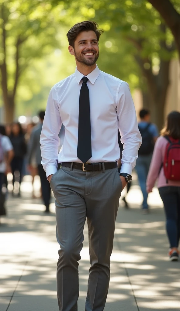 American male student wearing a long-sleeved shirt looking to the side with a smile, hands at the sides, black tie, Gray pants, black shoes and standing in a schoolyard in hd,