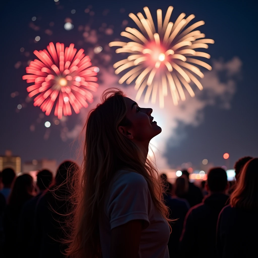 Many fireworks in eyes of young lady at night
