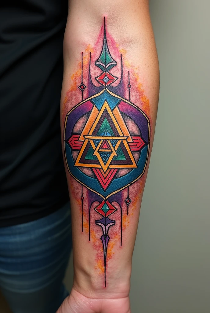 Generate an image for a forearm tattoo. It must be colorful. Must be of the geometric type. Must have 777 symbols, triquerta and cross of Saint Benedict. 