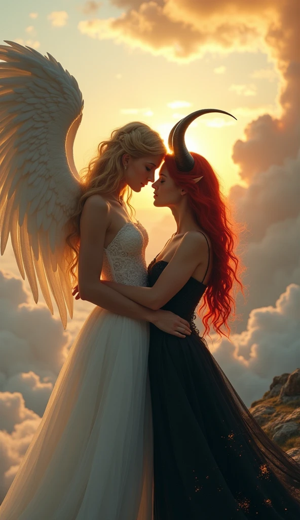 A beautiful woman angel and a beautiful woman devil in love