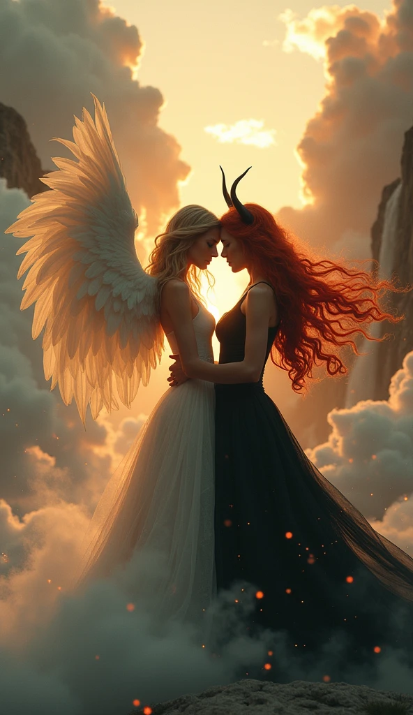 A beautiful woman angel and a beautiful woman devil in love