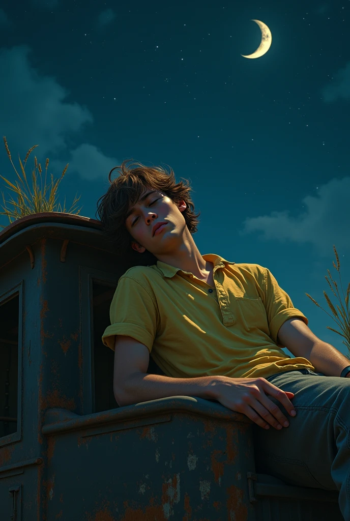 Artwork of a teenage male with medium-length brown hair, wearing a light yellow shirt, looking sad, lying down with details on top of an abandoned old train at night. Best quality, ultra-detailed.