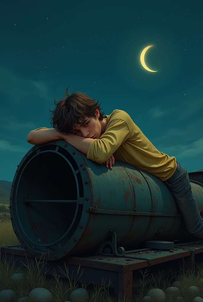 Artwork of a teenage male with medium-length brown hair, wearing a light yellow shirt, looking sad, lying down with details on top of an abandoned old train at night. Best quality, ultra-detailed.