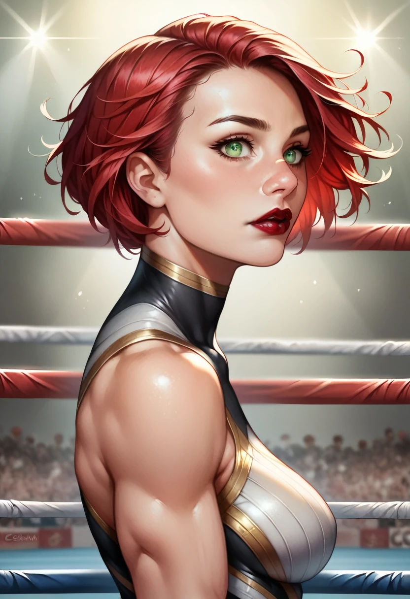 (high-level image quality), (high quality), (high resolution), (detailed), (masterpiece), beautiful woman, ((caucasian)), green eyes, red hair, short hair, dark red lipstick, thicc tights, slender body, perfect eyes, Detailed face, wrestling gear, side view
