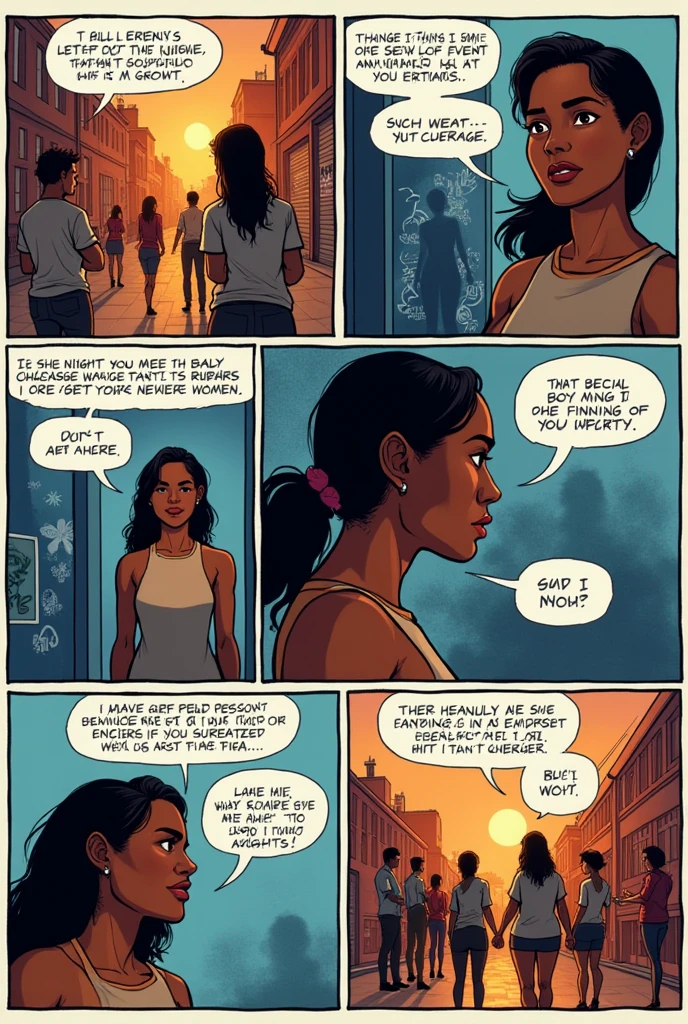 Create a comic with text about the awareness of NO violence against women, 6 pages long.