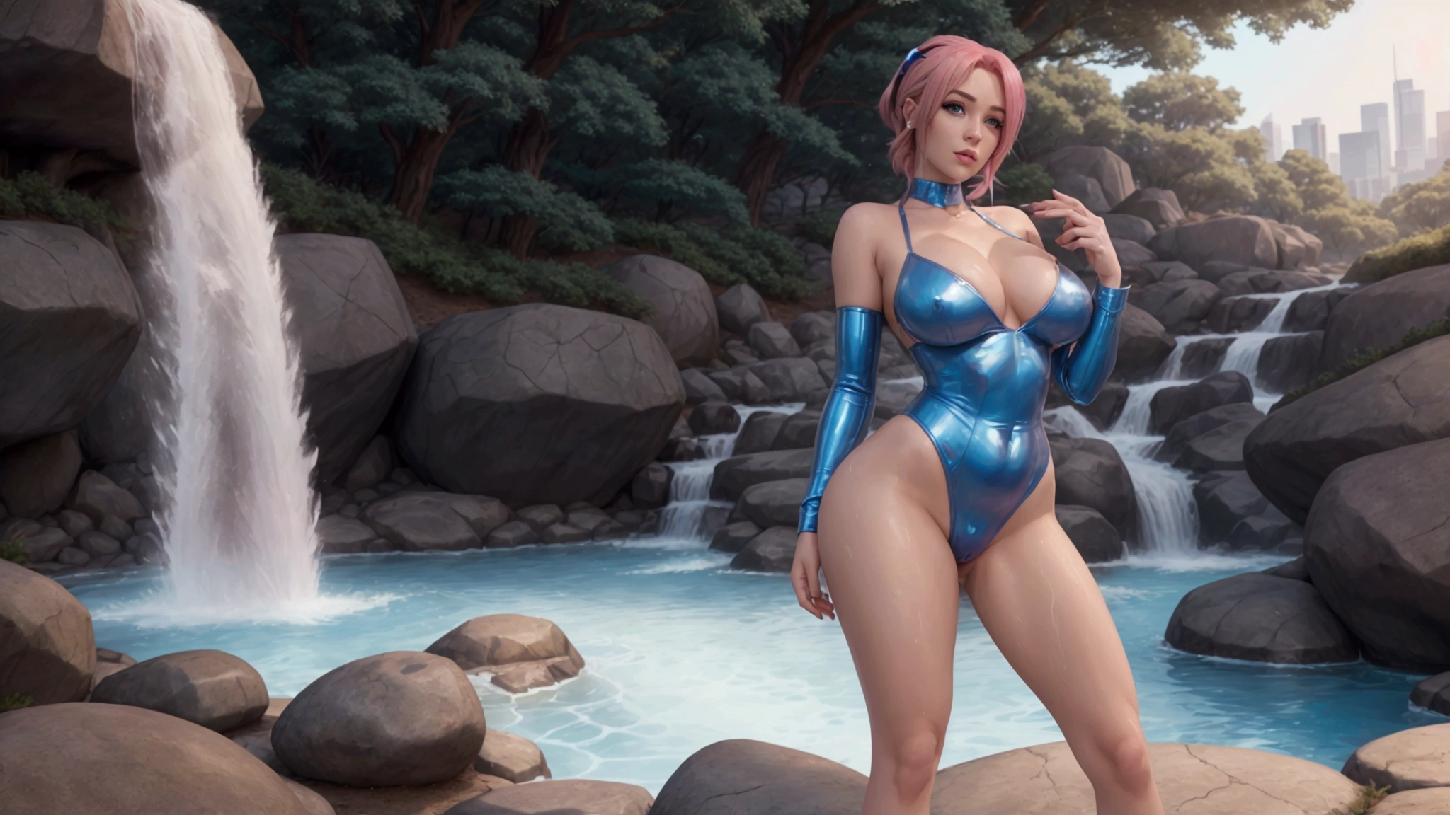 (Highly realistic and perfect image, high resolution, pure perfect realism), A single, perfectly beautiful young woman with medium-sized, well-rounded breasts., pink  hair, Bright blue eyes, shapely legs, using Playboy bunny cosplay, The vaginal lips are noticeable in the clothes., alone in the picture, full body view, with clothes, without hat, body wet and shiny, standing backwards, olhando para traz
