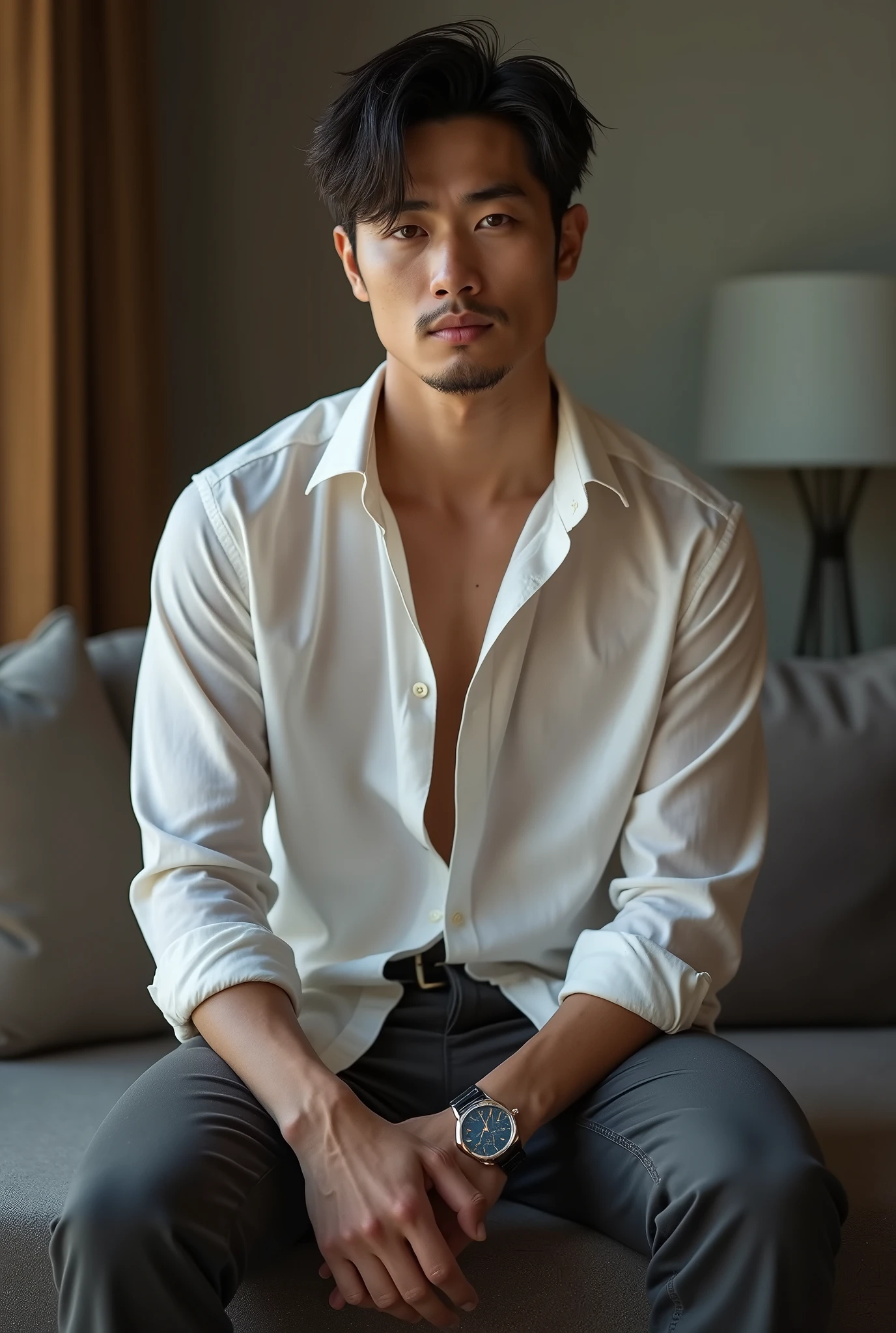 asian man(korean,vietnamese,Chinese,Japanese), 20 years old, beautiful and elegant,sem beard, Wearing a transparent shirt, sexly , masculine and handsome，brawny，Muscles look good，hairy bodies, with light skin,, photo by full body,(ultra detali, photorrealistic, best qualityer, 4K, 8k, high resolution, work of art:1.3), enchanting  , (muscle building body), wearing a bright custom-made dress shirt, with the top button casually undone, perfectly fitted charcoal pants, sweat, shirt with unbuttoned buttons, obscene face ,peito apertado, sex, erotic, lust,  Accessories include a luxury wristwatch , In crowded places,looking ahead at viewer,muscle veins, pose sexly,lying on the floor,view from the top,Wet shirt reveals muscles,no underwear,Obscene smile