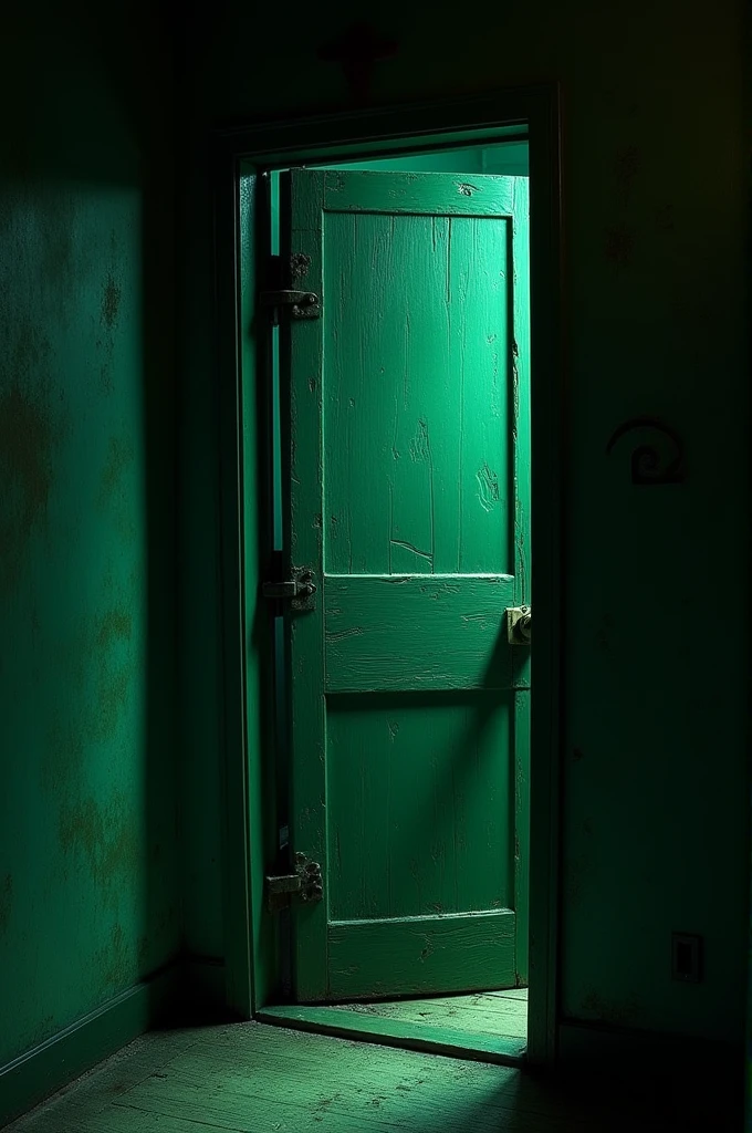 A dark green door swings open to reveal a shadowy interior. The space beyond is dimly lit, with eerie, indistinct shapes lurking in the darkness. The door creaks as it opens, suggesting something sinister awaits inside.