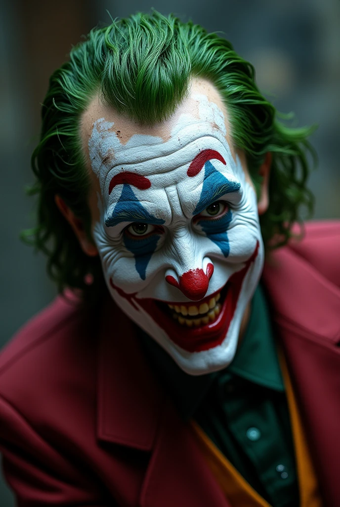 The Joker as a realistic human man, (masterpiece), best quality, hyper-detailed, high quality fingers, normal hands, detailed fingers,masterpiece, (realistic, photo-realistic:1.37), psychopathic clown with no moral compass and is characterized by his chalk-white skin, green hair, and permanent grin. perfect illumination, beautiful detailed evil eyes,looking at viewer, evil man, detailed hairstyle,detailed, a vat of chemicals disfigured him, driving him insane. The chemicals bleached his skin white, turned his hair green, and fixed his lips in a demonic grin. The Joker's facial nerves are paralyzed, which makes him appear as if he is perpetually grinning, an expression called a "rictus grin." His green hair and nails, his rouge-red lips, and his chalk-white skin are all directly due to chemical exposure. The Joker's face is also damaged from massive scarring in the shape of a hideous smile.