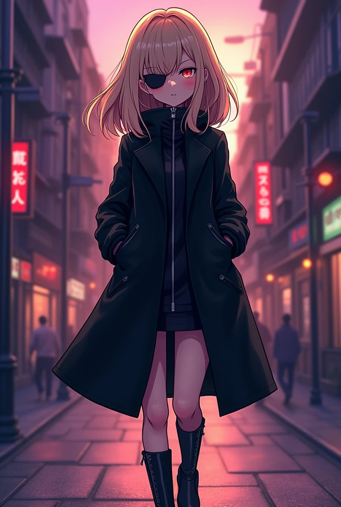 a cartoon image of a woman in a black coat and boots, vector art by Ei-Q, pixiv, shin hanga, full_body!!, !!full body portrait!!, full body!!, anime moe artstyle, gapmoe yandere grimdark, full body!, anime vtuber full body model beige hair eyepatch coat with front zipper closed