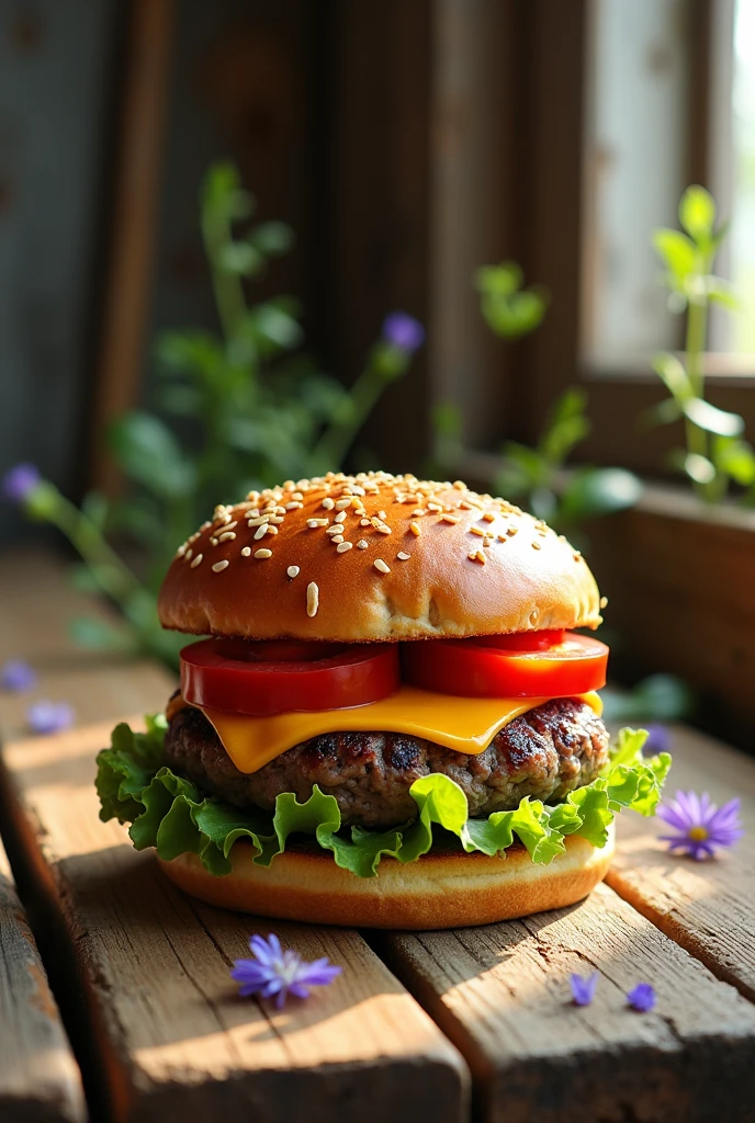 Image of a hamburger on a wooden table with a rustic background